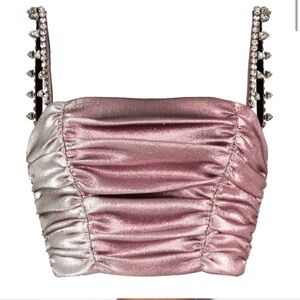 AREA Crystal Spike Ruched Crop Top Pink